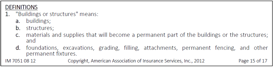 Definition section of a Builder's Risk insurance policy, detailing "Buildings or Structures" to encompass "buildings", "structures", "materials and supplies", as well as "foundations, excavations, filling, attachments, permanent fencing, and other permanent fixtures".
