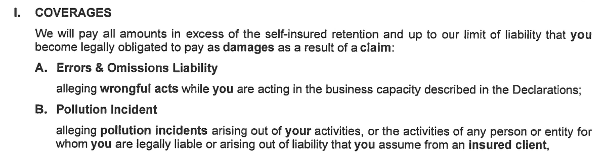 Excerpt from a Contractors Errors & Omissions policy, detailing the insuring agreement for both 'Wrongful Act' and 'Pollution Incident' coverages.