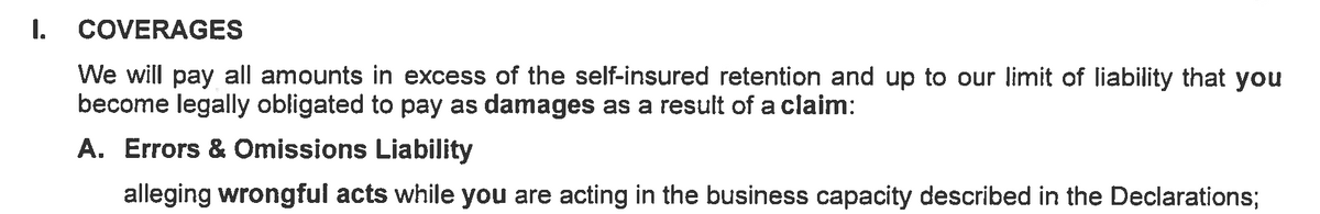 Snapshot of the insuring agreement section from a Contractors Errors & Omissions policy.