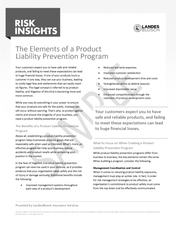 Sample components of a Product Liability Prevention Program.