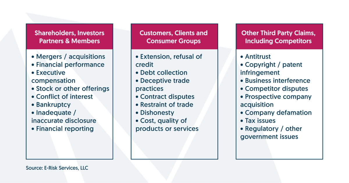 Types of D&O claims that come from each of the stakeholder types: shareholders, customers, and other third parties.
